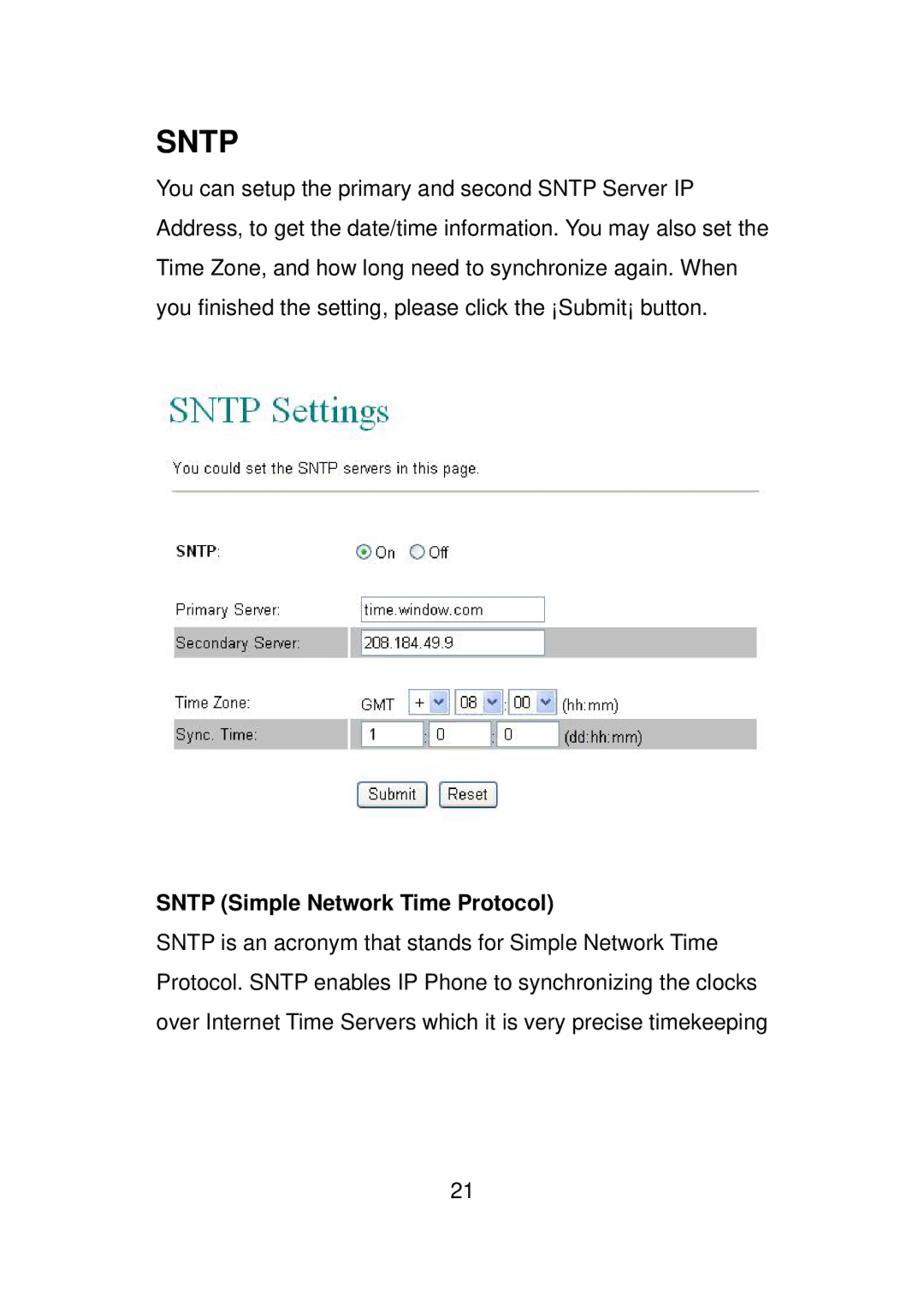 LevelOne VOI-7010, VOI-7011 user manual Sntp Simple Network Time Protocol 