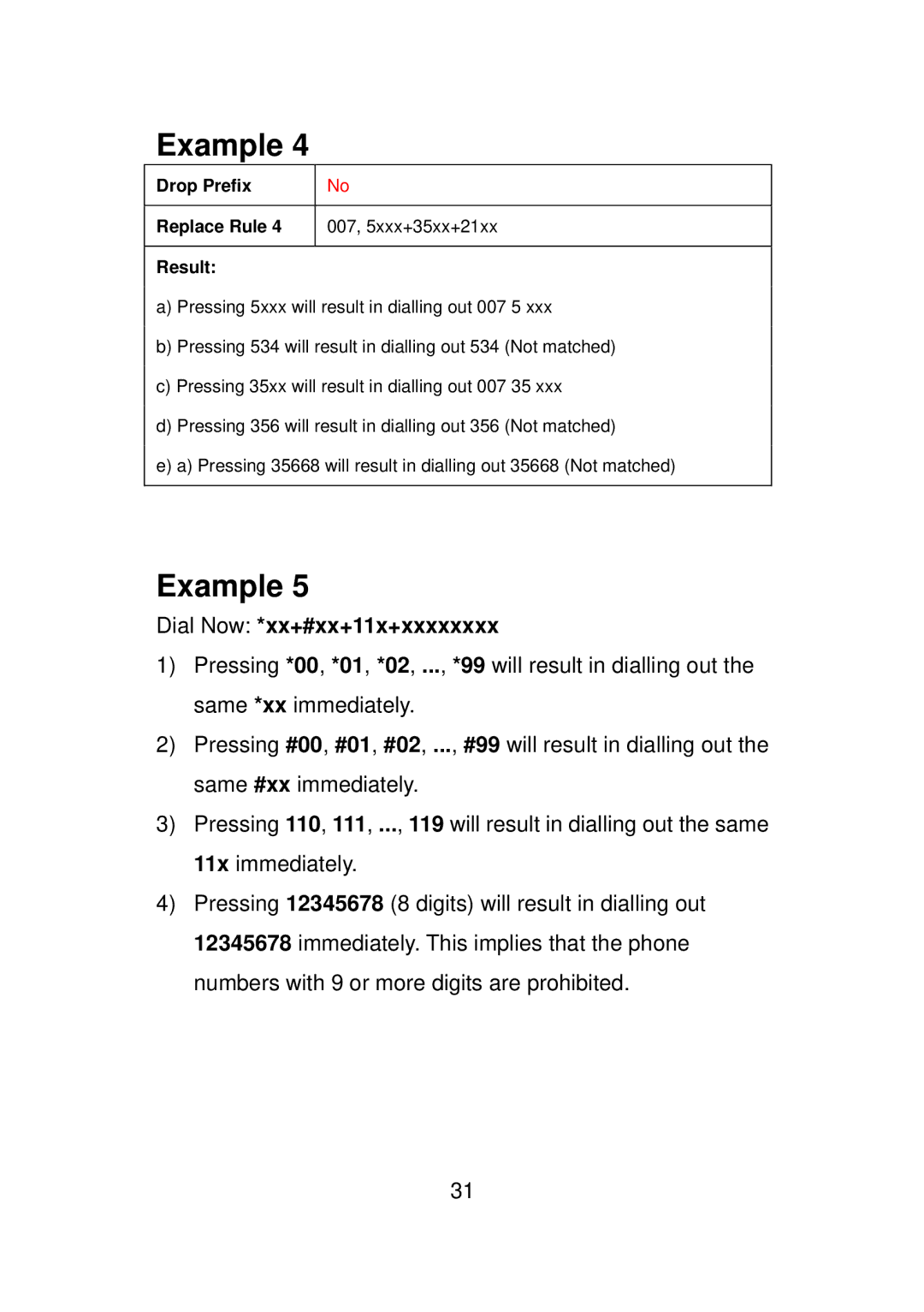 LevelOne VOI-7010, VOI-7011 user manual Dial Now *xx+#xx+11x+xxxxxxxx, Drop Prefix Replace Rule 007, 5xxx+35xx+21xx Result 