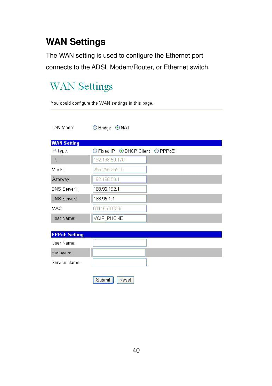 LevelOne VOI-7011, VOI-7010 user manual WAN Settings 