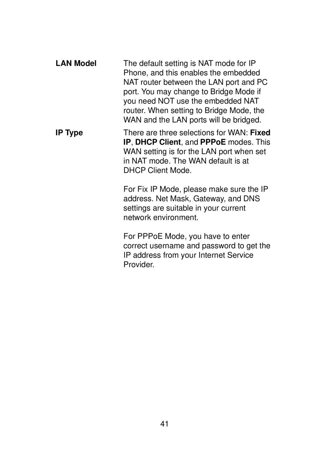 LevelOne VOI-7010, VOI-7011 user manual LAN Model, IP Type, IP, Dhcp Client, and PPPoE modes. This 