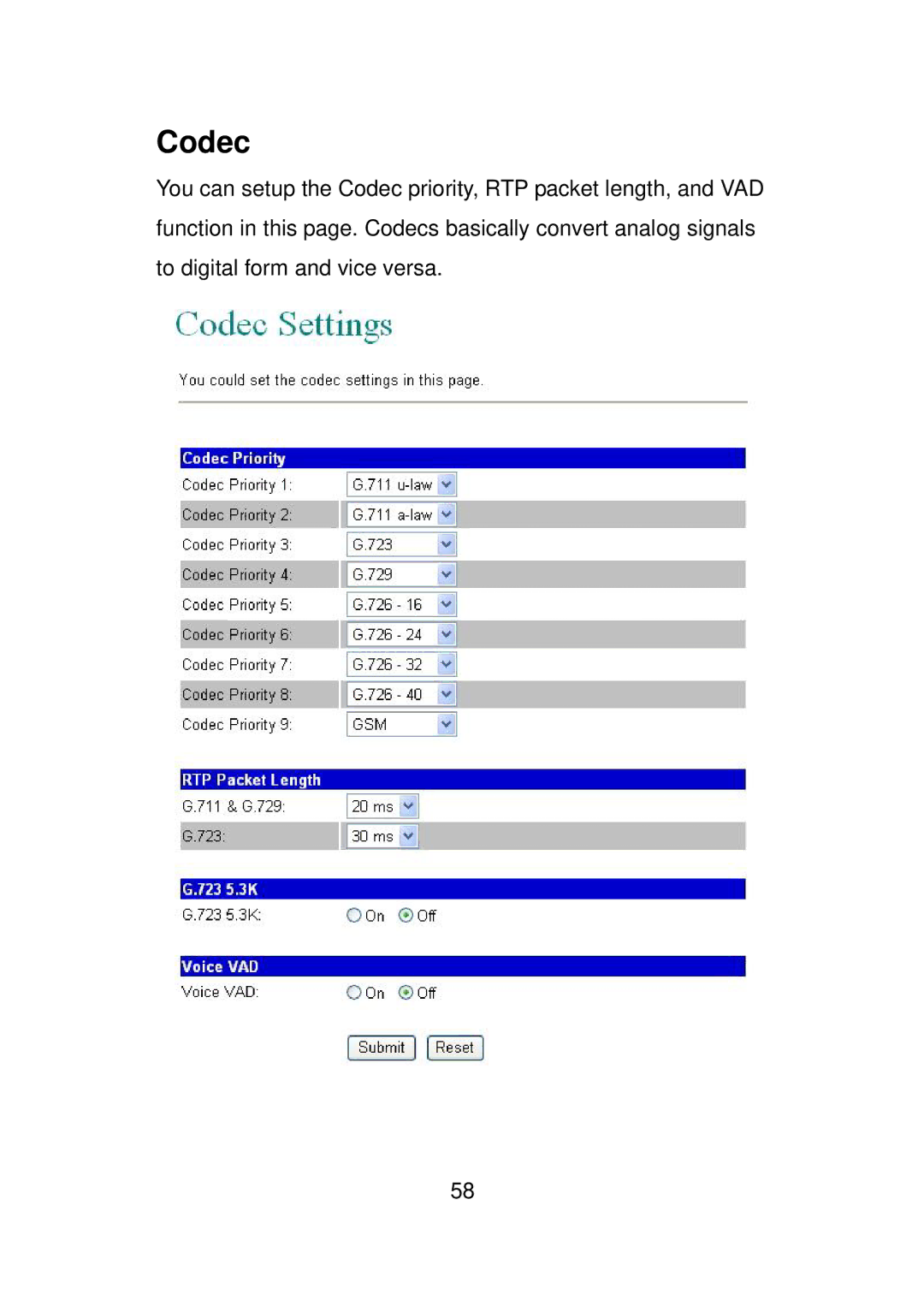 LevelOne VOI-7011, VOI-7010 user manual Codec 