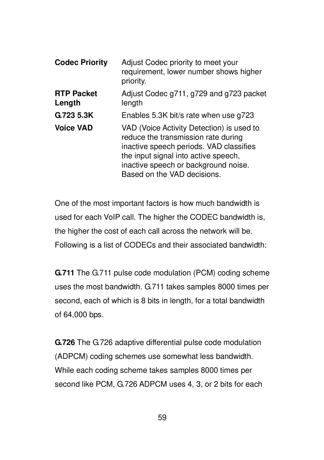 LevelOne VOI-7010, VOI-7011 user manual Codec Priority, RTP Packet, Length, 723 5.3K, Voice VAD 