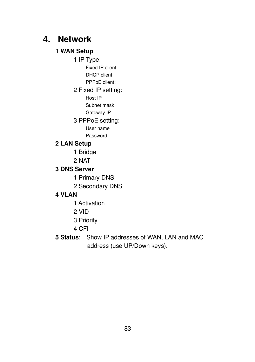 LevelOne VOI-7010, VOI-7011 user manual Network, WAN Setup, LAN Setup, DNS Server 