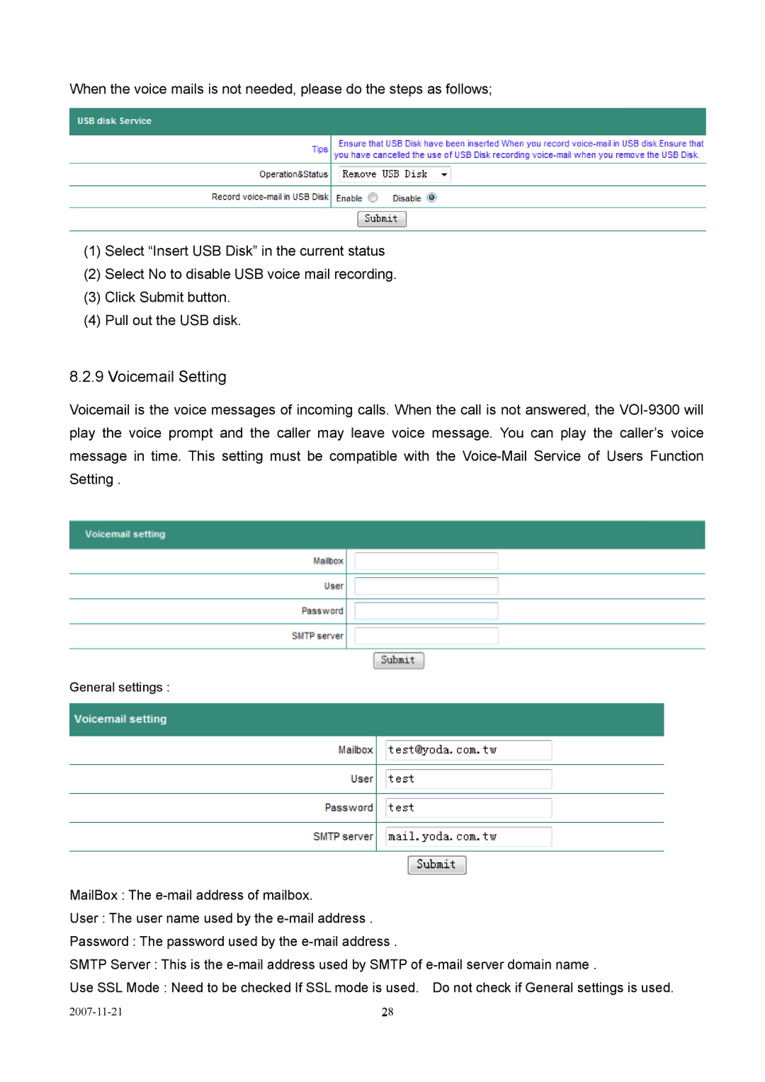 LevelOne VOI-9300 user manual Voicemail Setting 