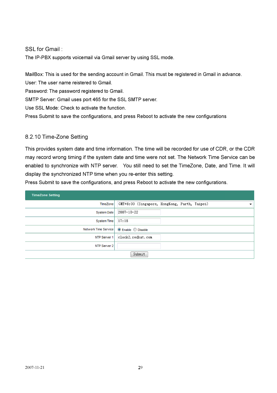 LevelOne VOI-9300 user manual SSL for Gmail, Time-Zone Setting 