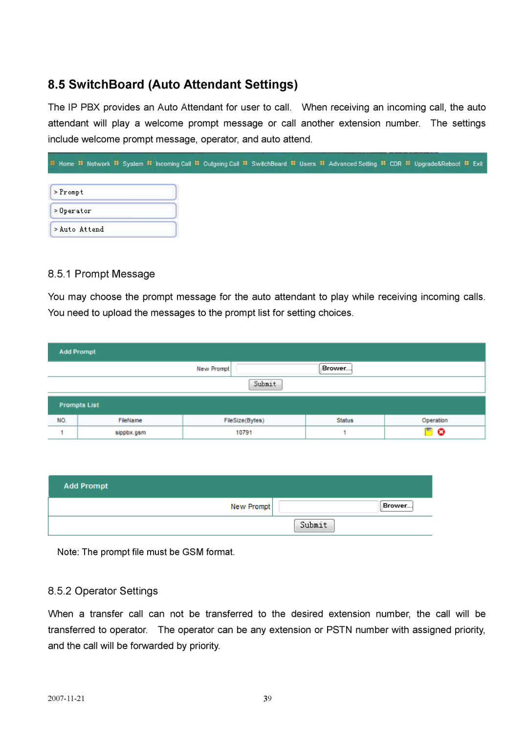 LevelOne VOI-9300 user manual SwitchBoard Auto Attendant Settings, Prompt Message, Operator Settings 