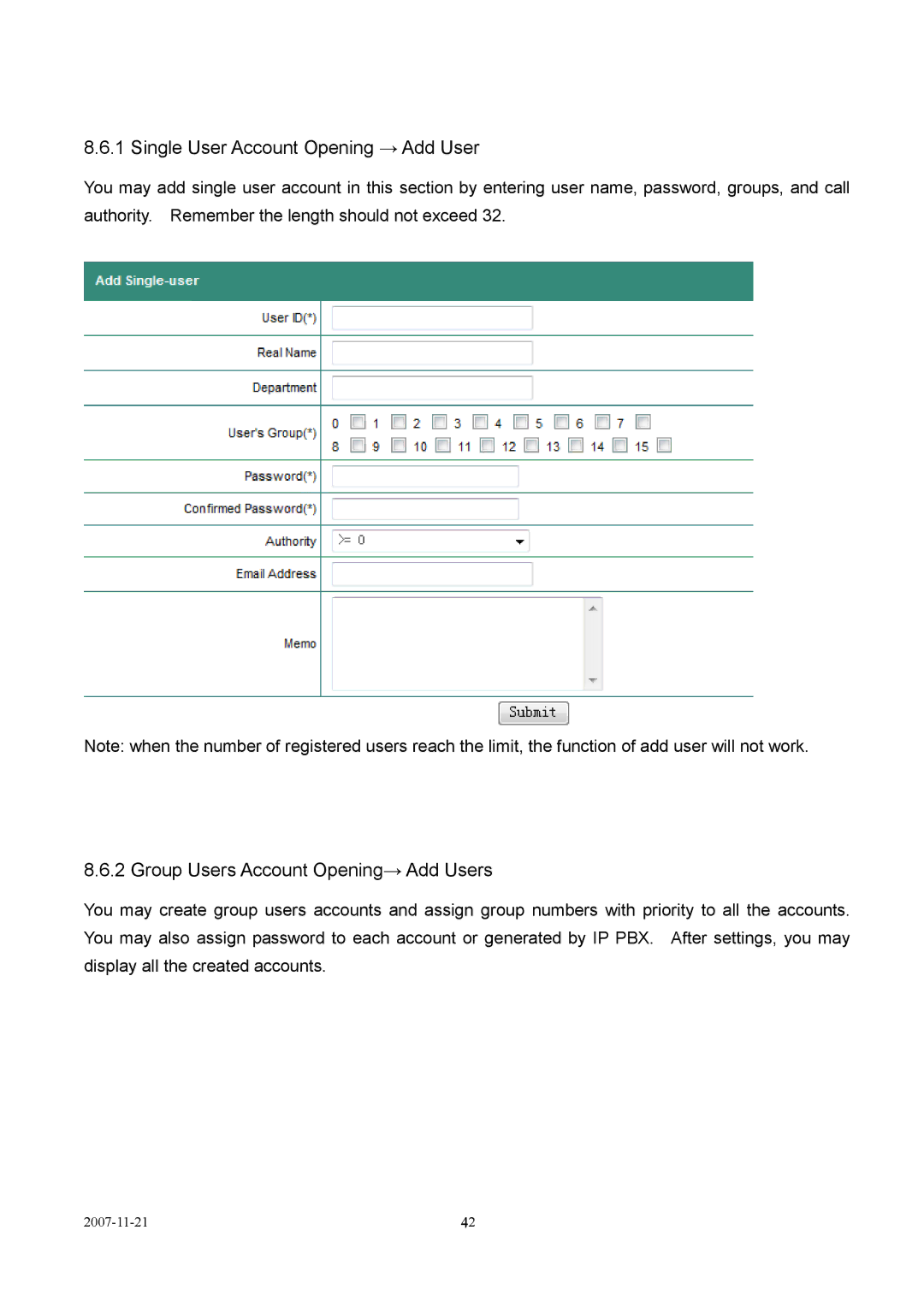 LevelOne VOI-9300 user manual Single User Account Opening → Add User, Group Users Account Opening→ Add Users 