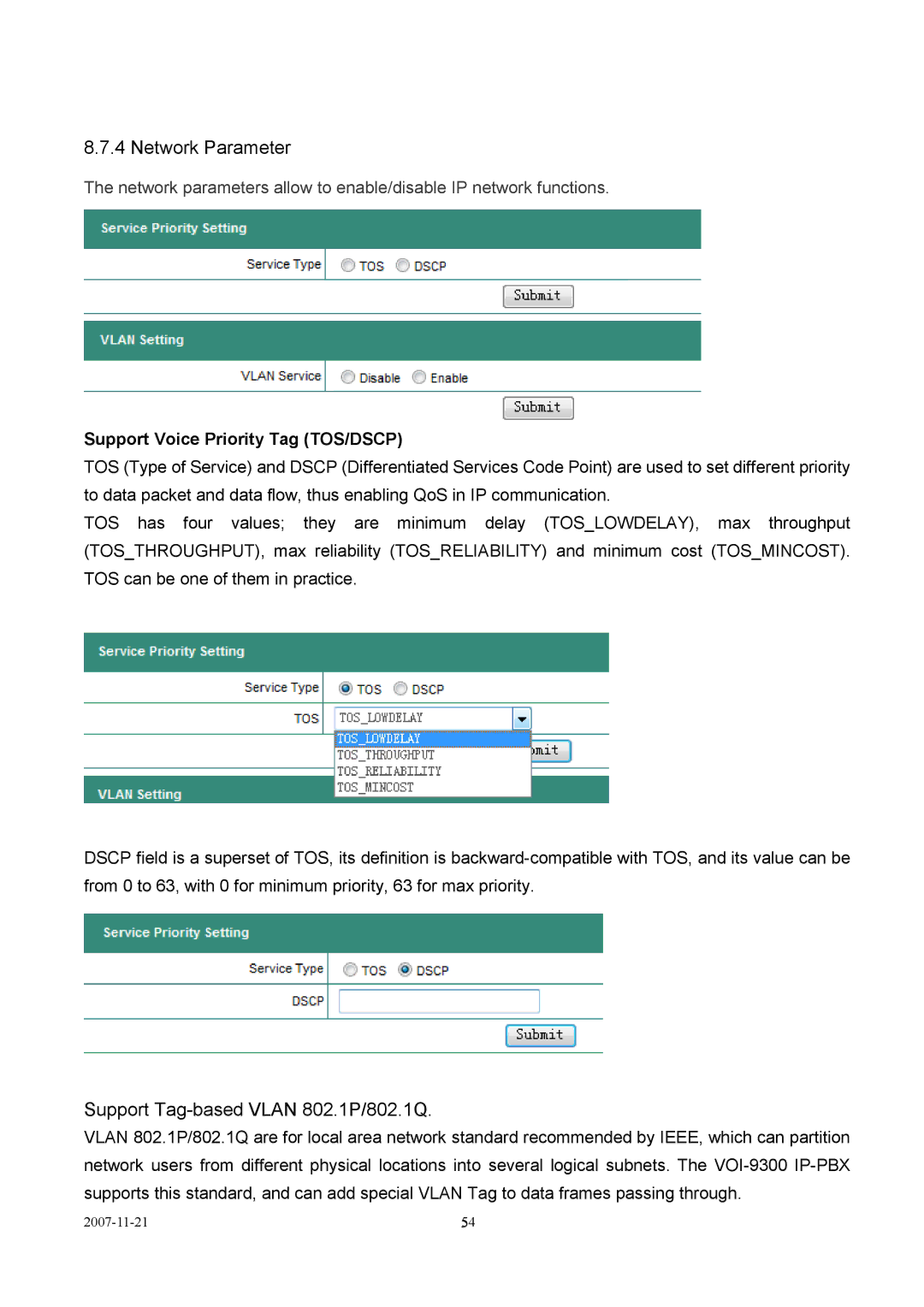 LevelOne VOI-9300 user manual Network Parameter, Support Tag-based Vlan 802.1P/802.1Q 