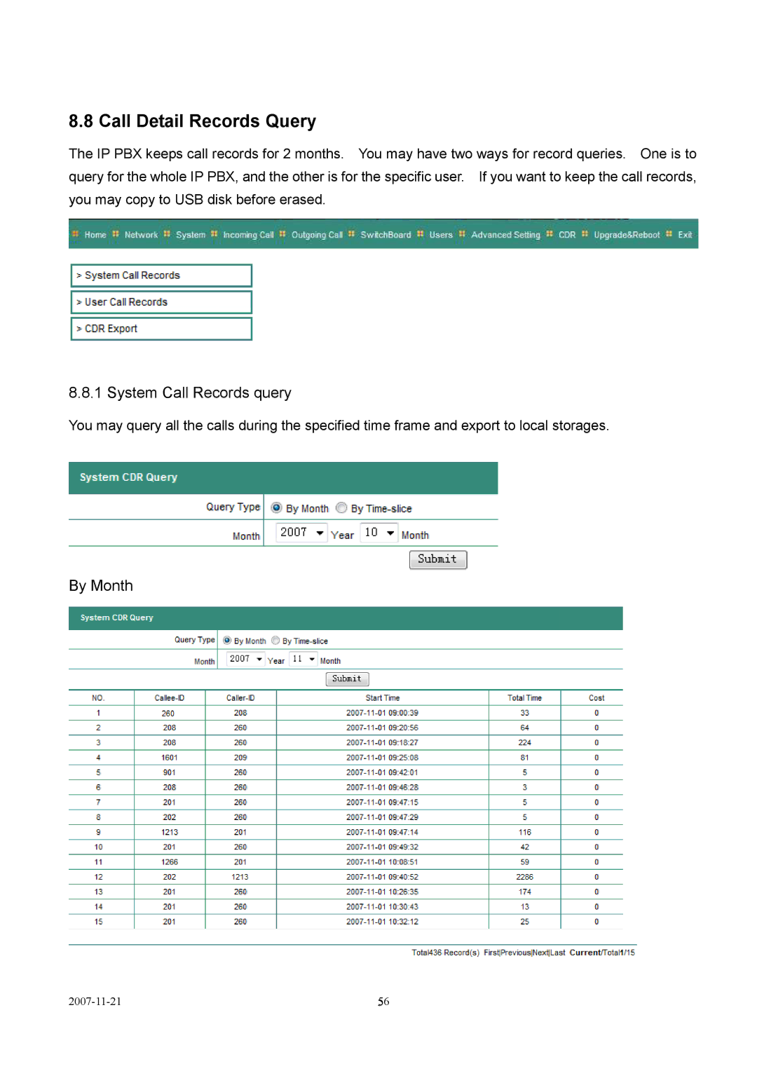 LevelOne VOI-9300 user manual Call Detail Records Query, System Call Records query, By Month 