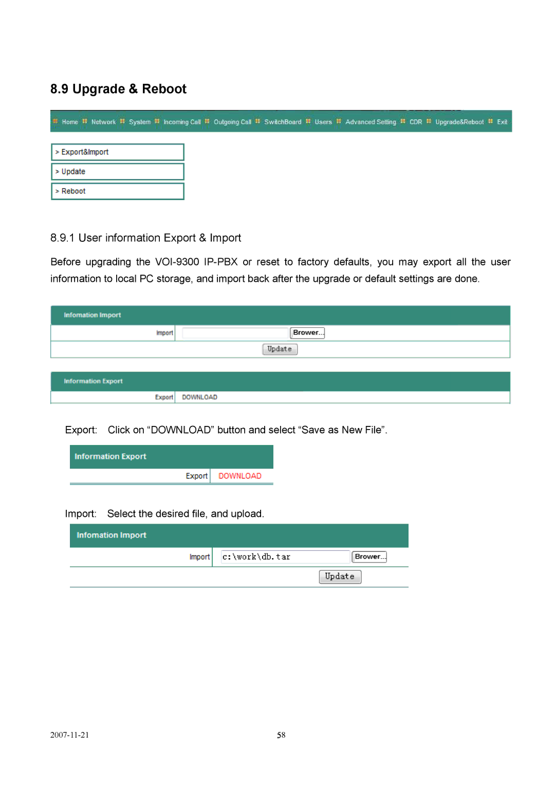 LevelOne VOI-9300 user manual Upgrade & Reboot, User information Export & Import 