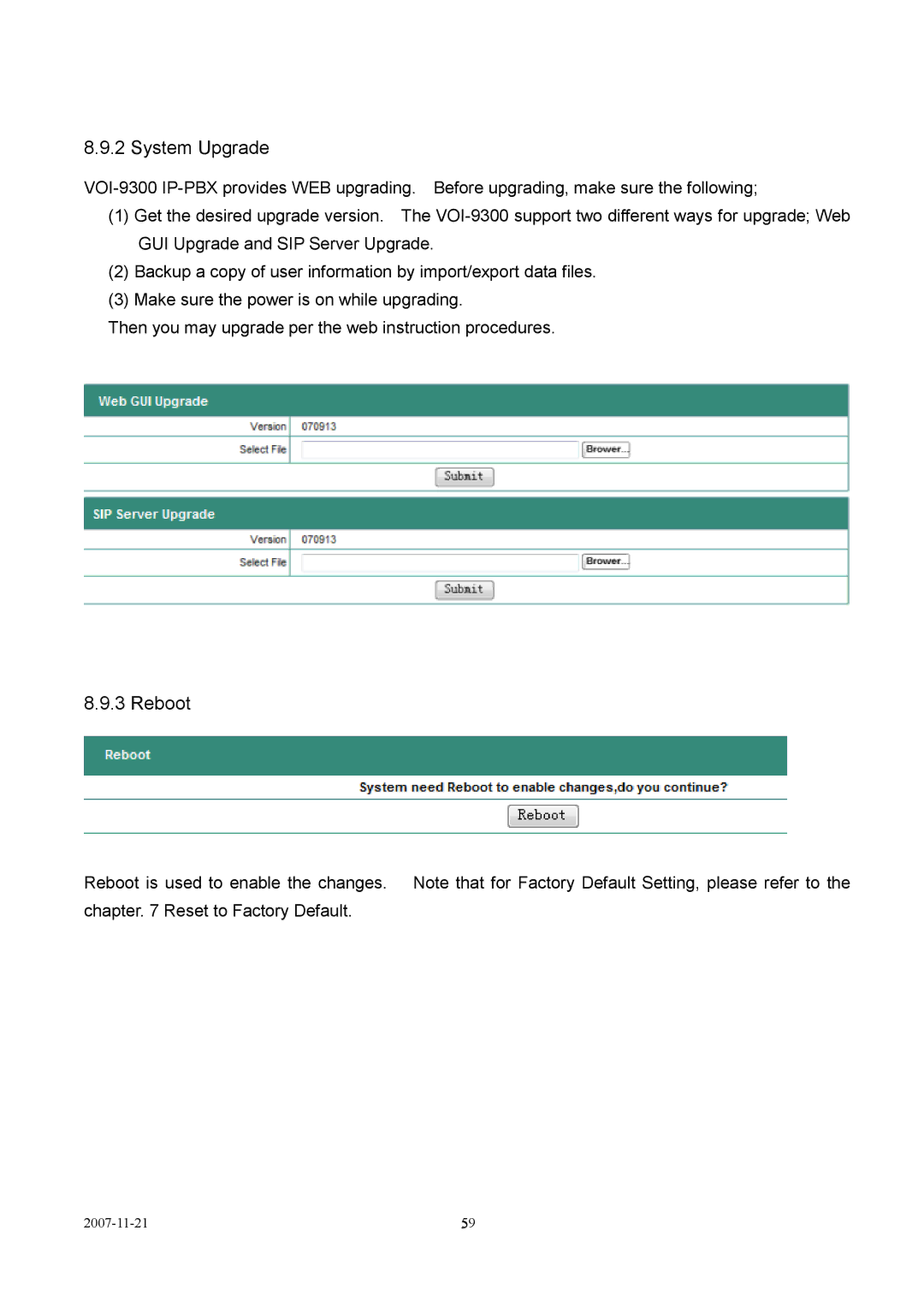 LevelOne VOI-9300 user manual System Upgrade, Reboot 