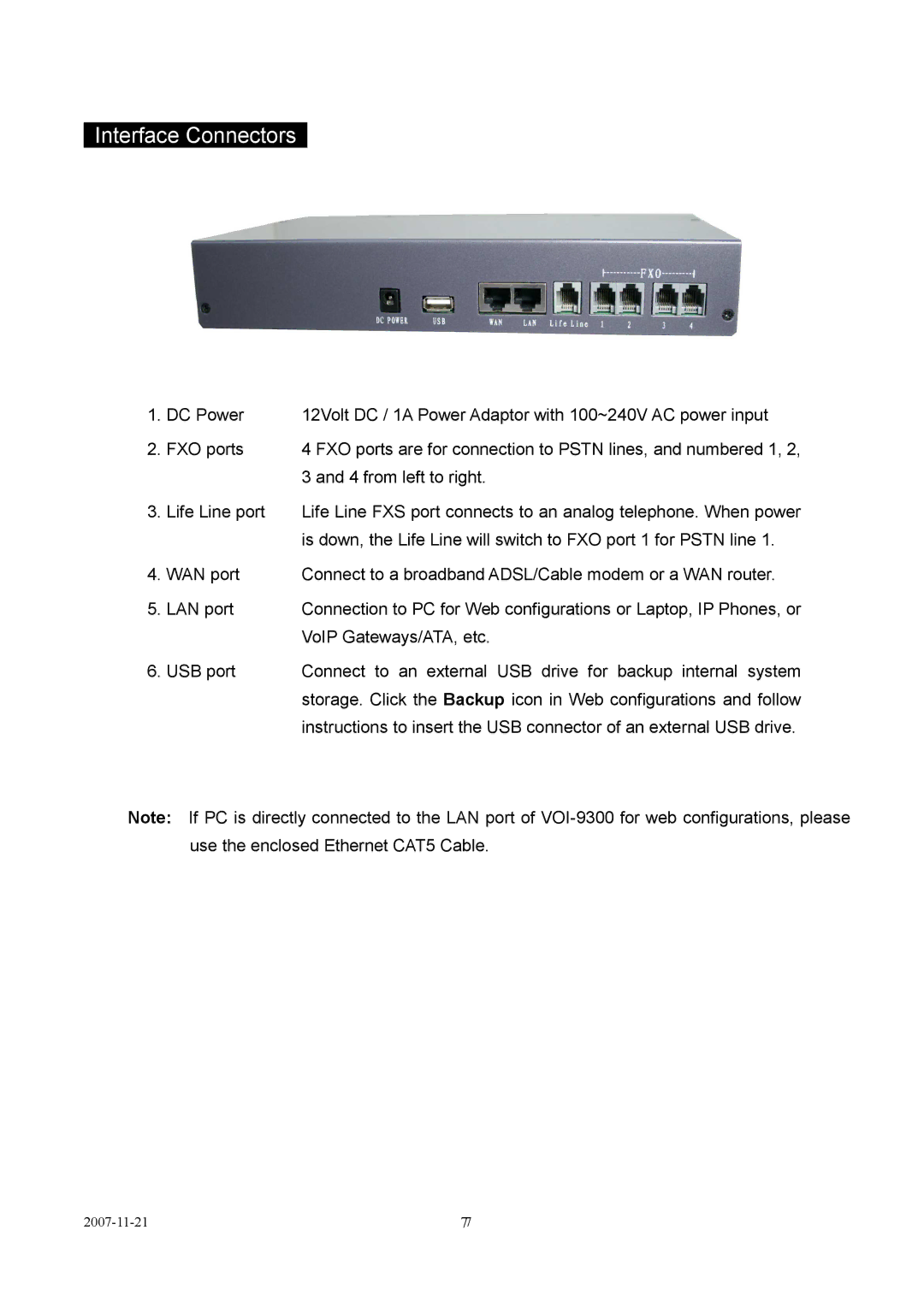 LevelOne VOI-9300 user manual Interface Connectors 