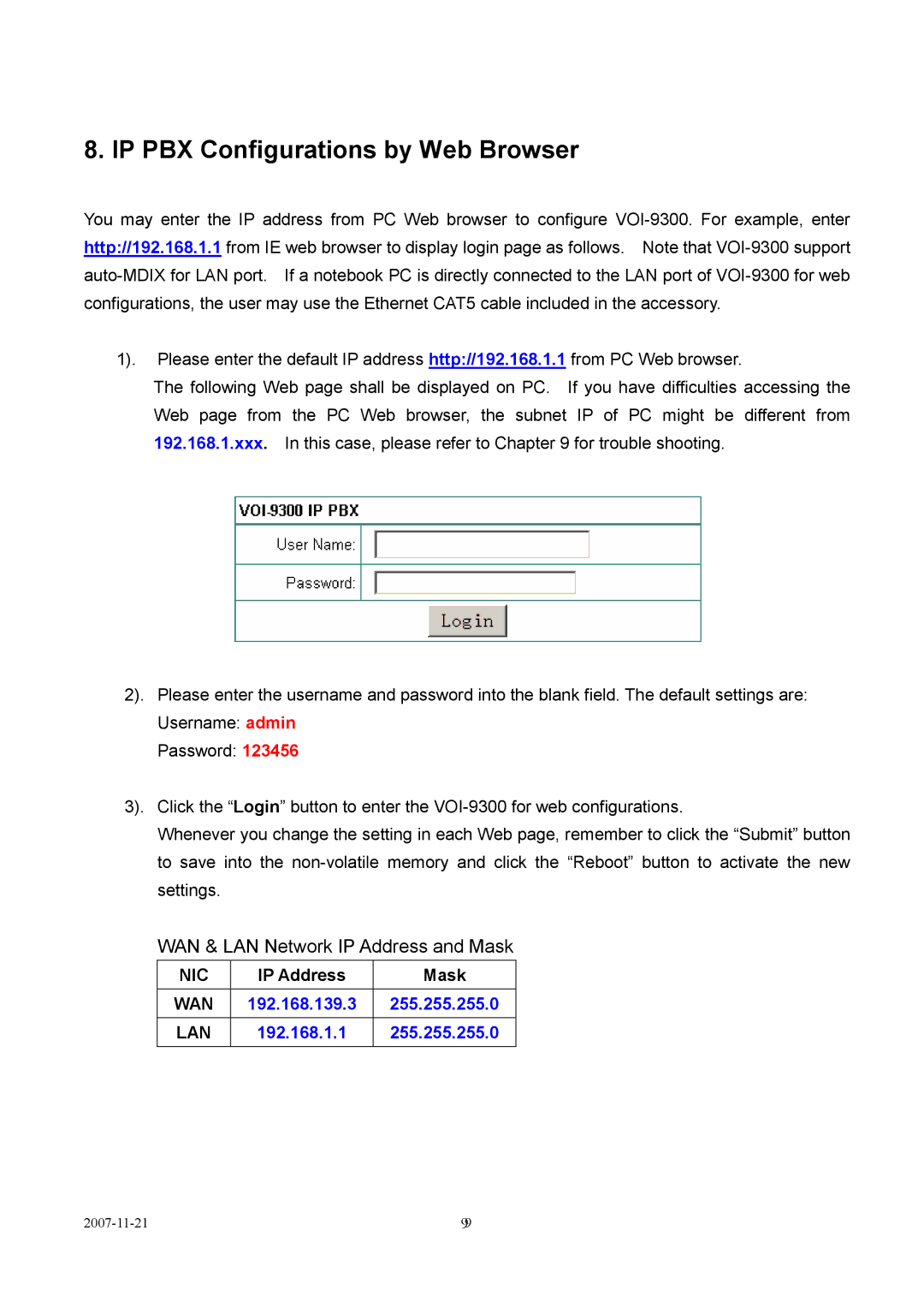 LevelOne VOI-9300 user manual IP PBX Configurations by Web Browser, WAN & LAN Network IP Address and Mask 