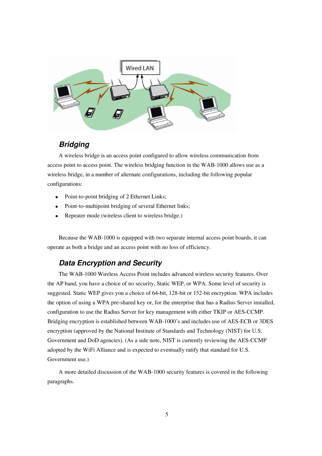 LevelOne WAB-1000 manual Bridging, Data Encryption and Security 