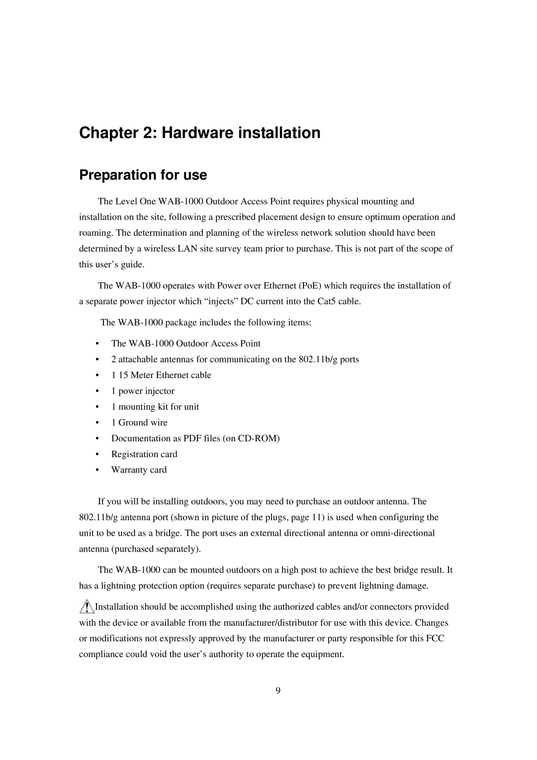 LevelOne WAB-1000 manual Hardware installation, Preparation for use 