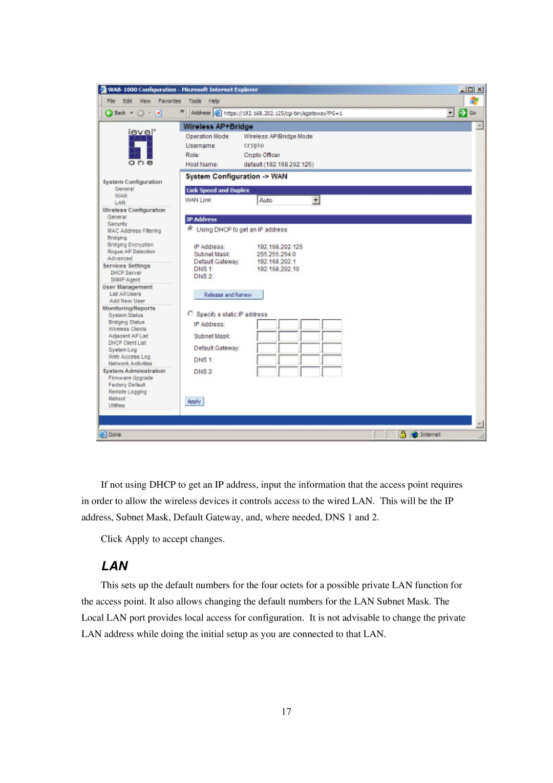 LevelOne WAB-1000 manual Lan 