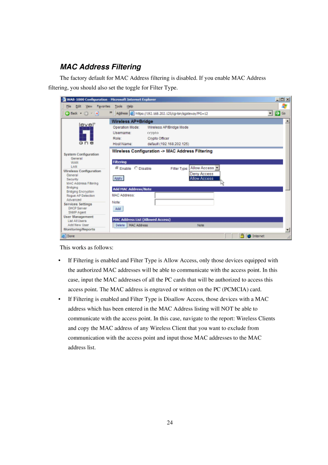 LevelOne WAB-1000 manual MAC Address Filtering 