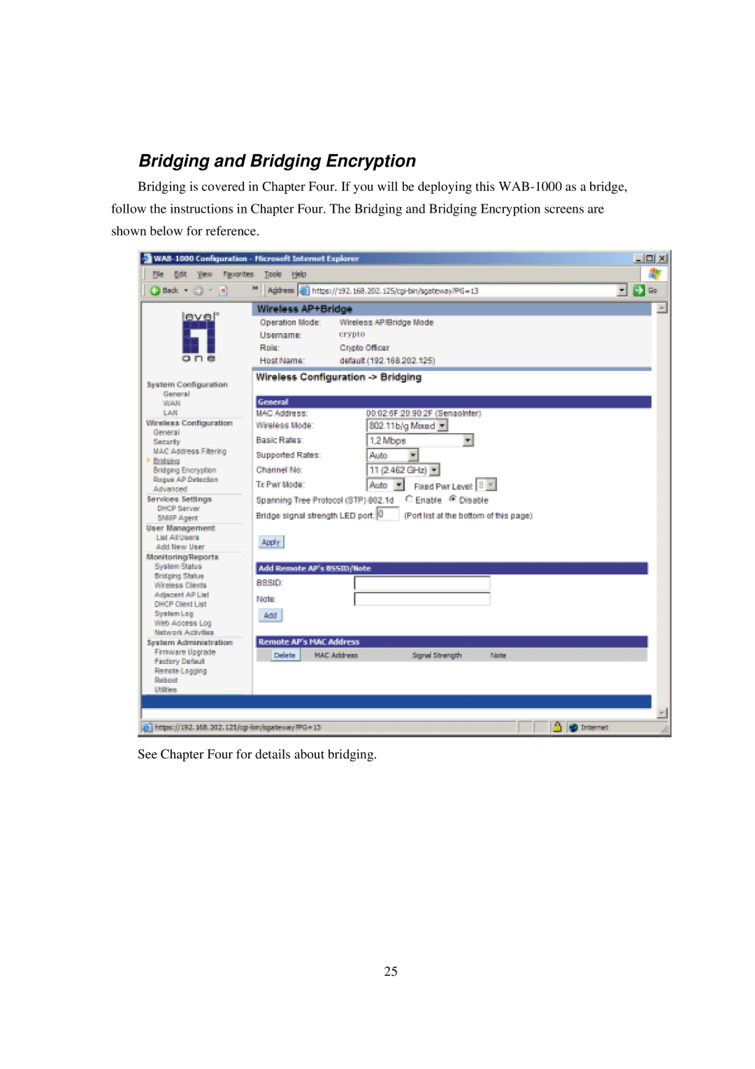 LevelOne WAB-1000 manual Bridging and Bridging Encryption 