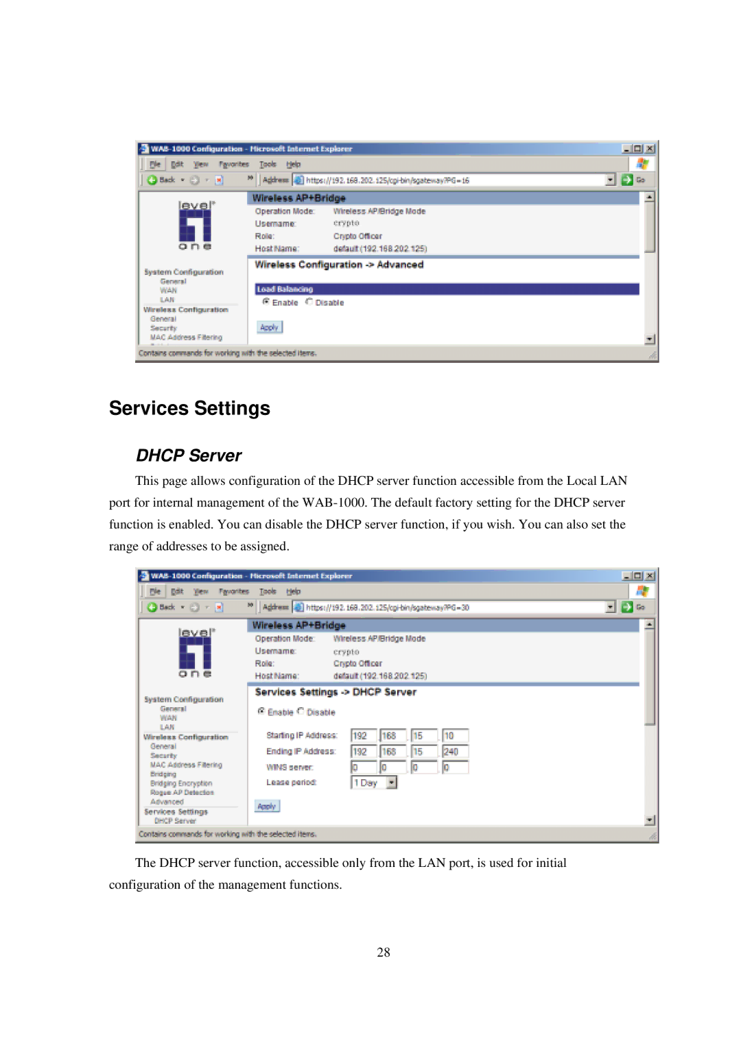 LevelOne WAB-1000 manual Services Settings, Dhcp Server 