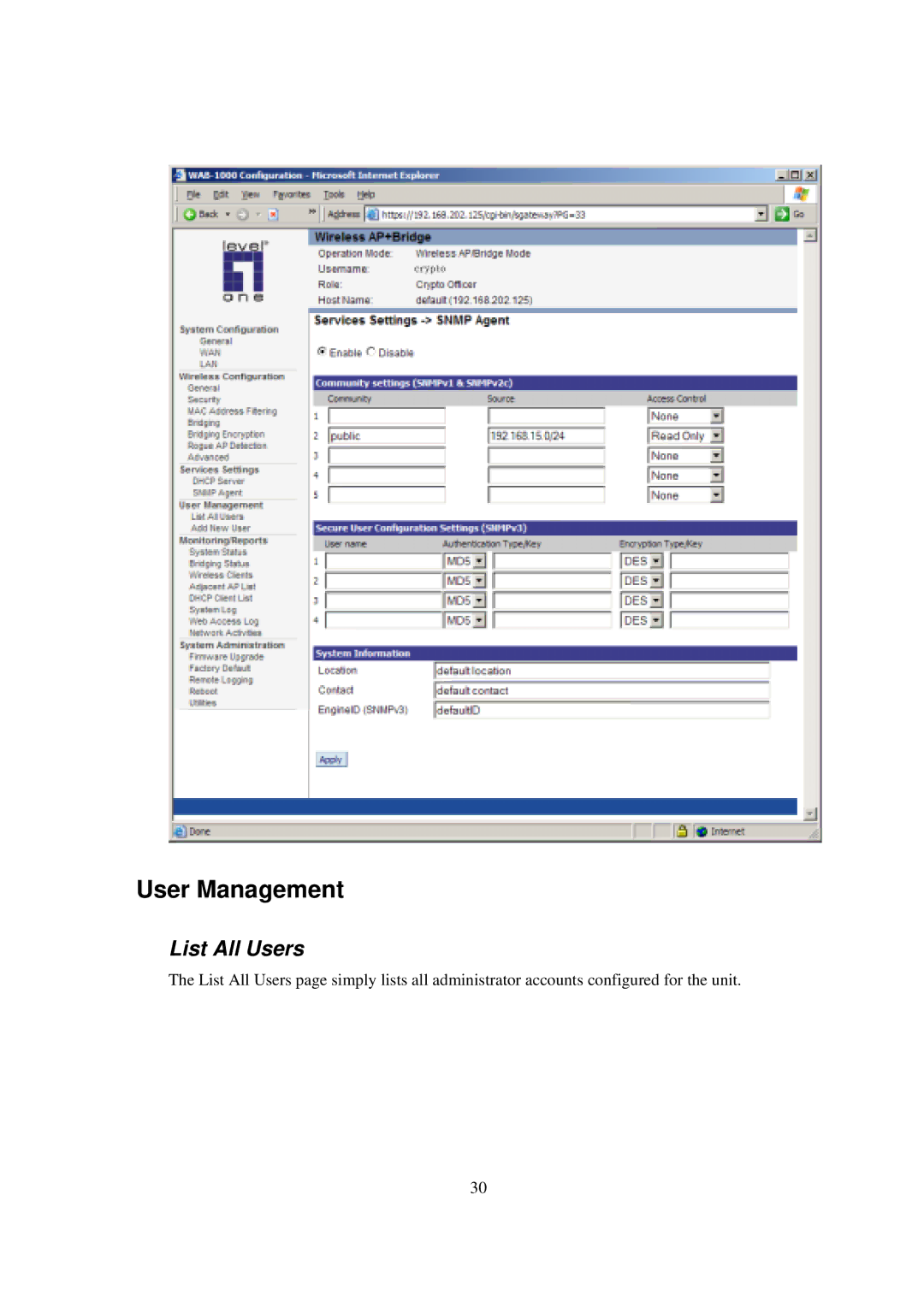 LevelOne WAB-1000 manual User Management, List All Users 