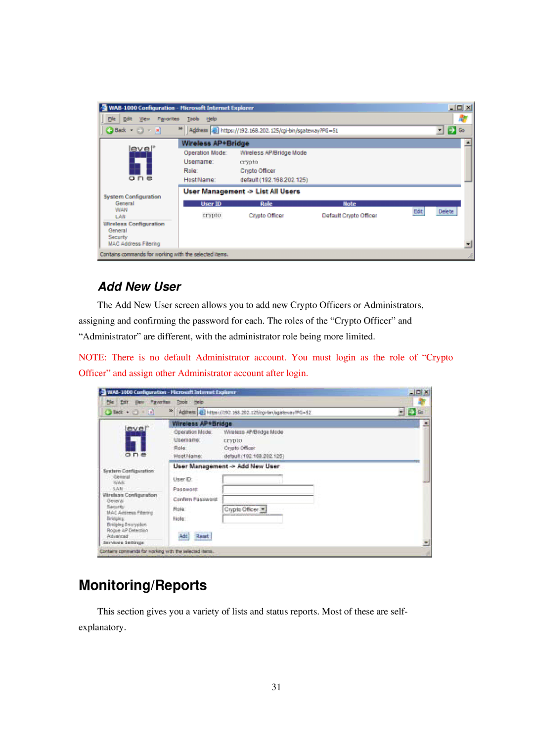 LevelOne WAB-1000 manual Monitoring/Reports, Add New User 