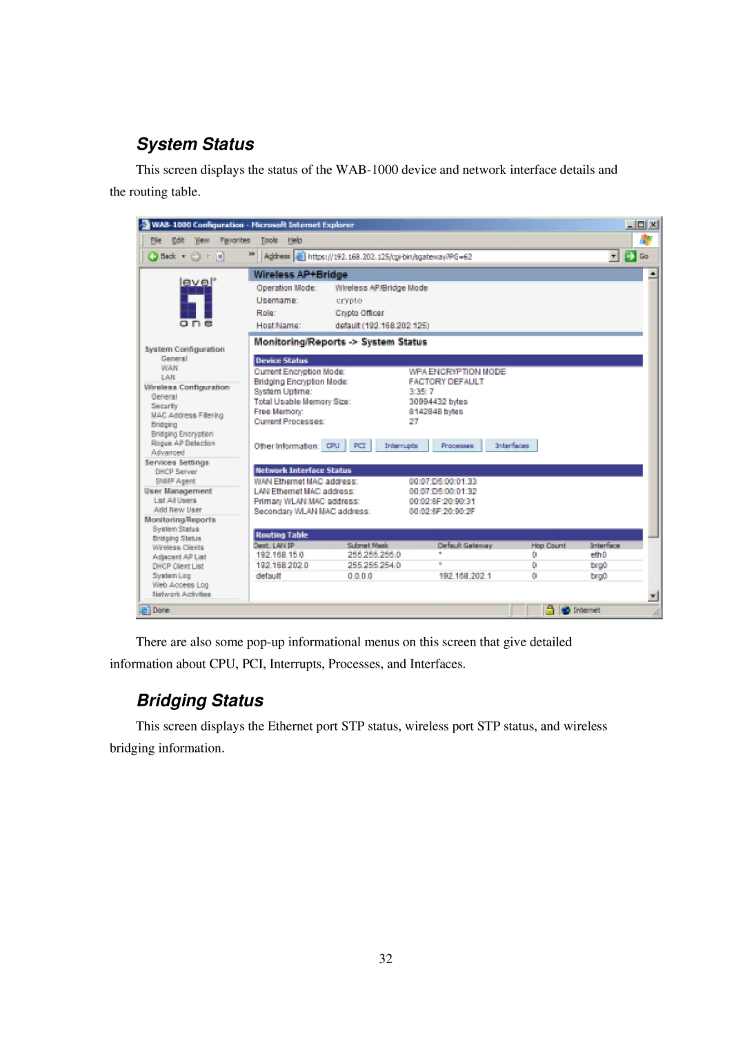 LevelOne WAB-1000 manual System Status, Bridging Status 