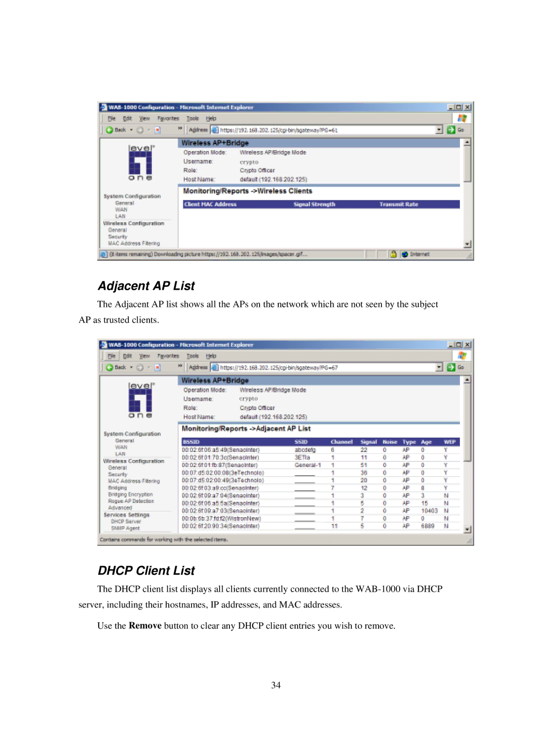 LevelOne WAB-1000 manual Adjacent AP List, Dhcp Client List 
