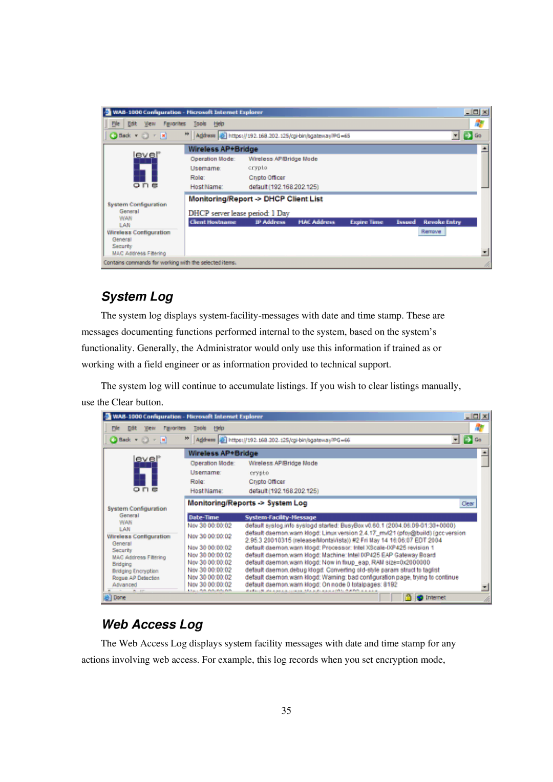 LevelOne WAB-1000 manual System Log, Web Access Log 