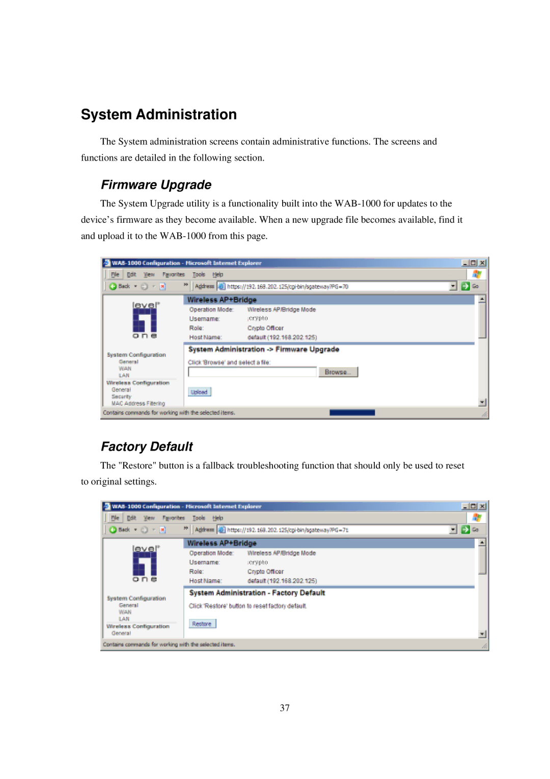 LevelOne WAB-1000 manual System Administration, Firmware Upgrade, Factory Default 