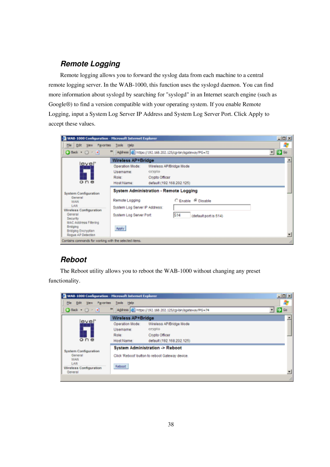 LevelOne WAB-1000 manual Remote Logging, Reboot 
