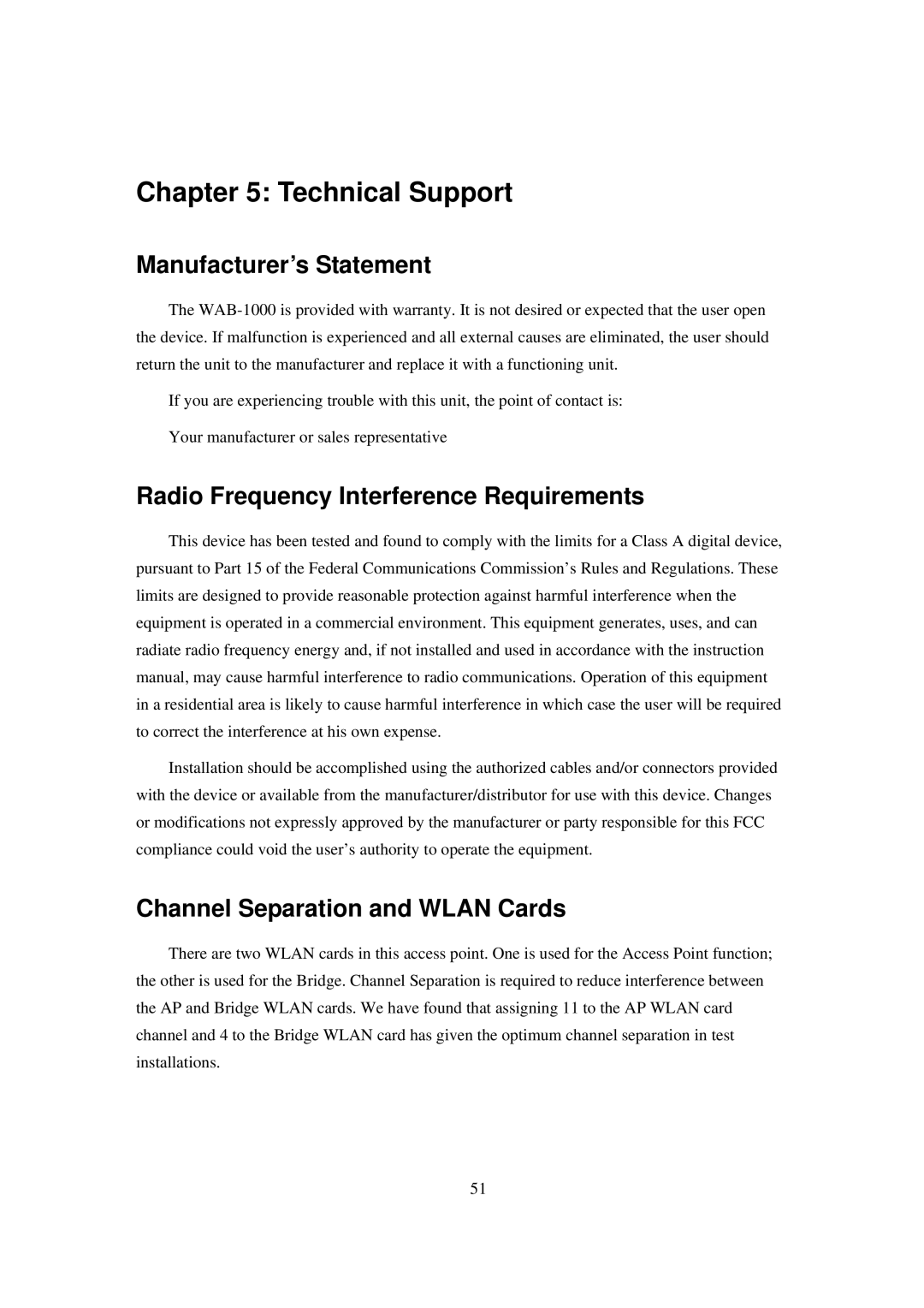 LevelOne WAB-1000 Manufacturer’s Statement, Radio Frequency Interference Requirements, Channel Separation and Wlan Cards 