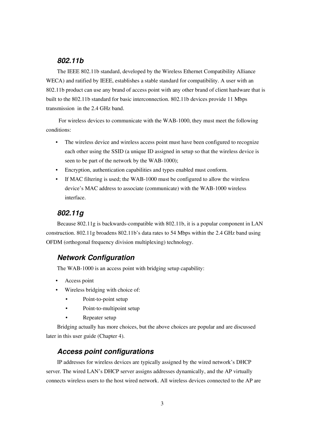 LevelOne WAB-1000 manual 802.11b, 802.11g, Network Configuration, Access point configurations 