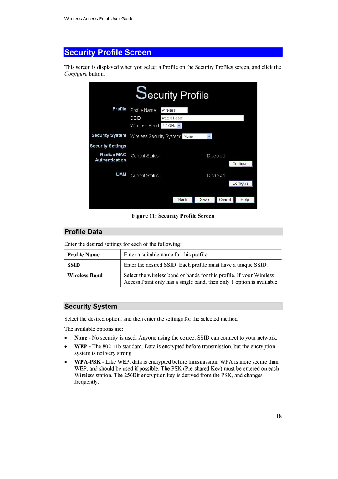 LevelOne WAP-0005 manual Security Profile Screen, Profile Data, Security System, Profile Name, Wireless Band 