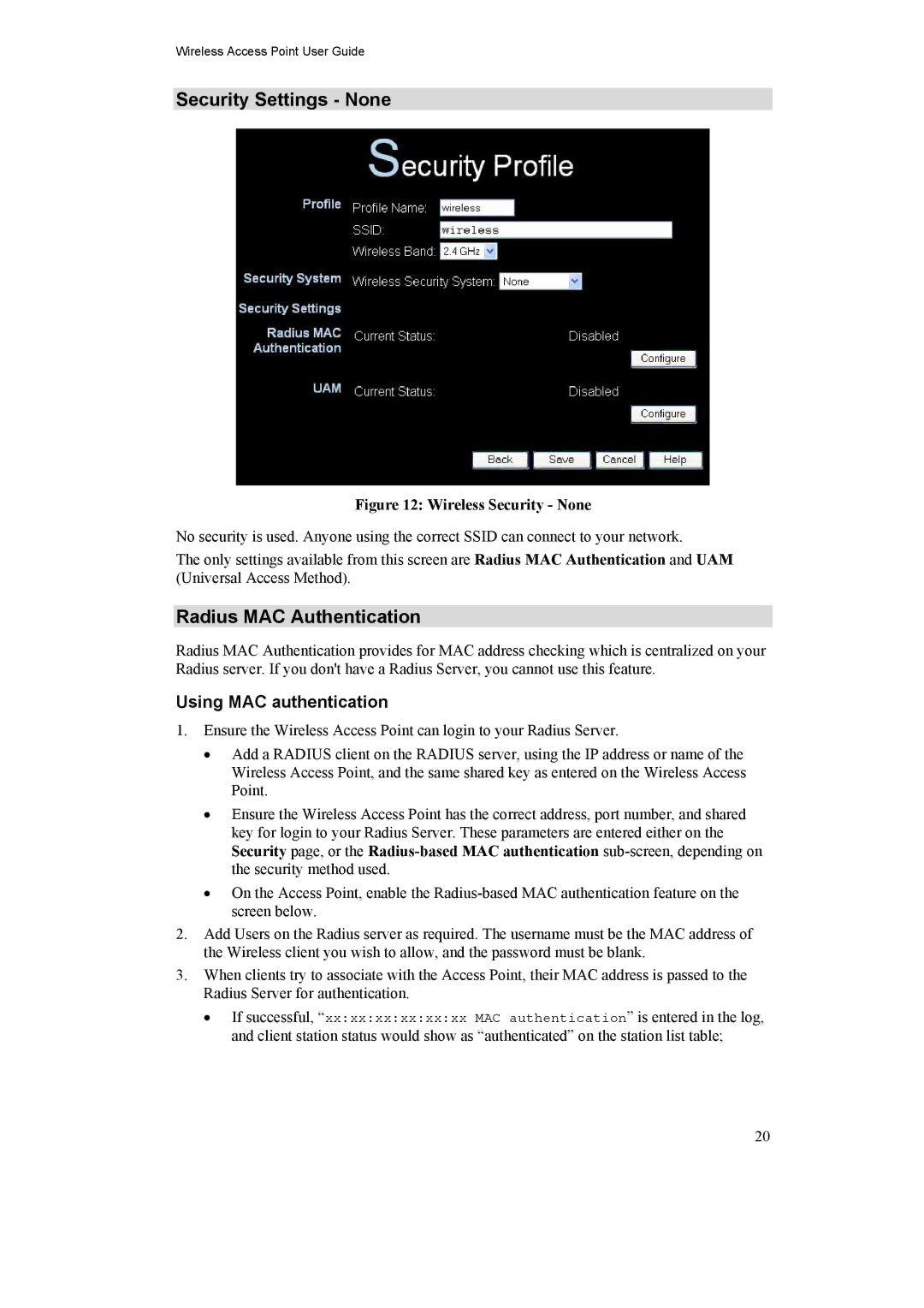 LevelOne WAP-0005 manual Security Settings None, Radius MAC Authentication, Using MAC authentication 