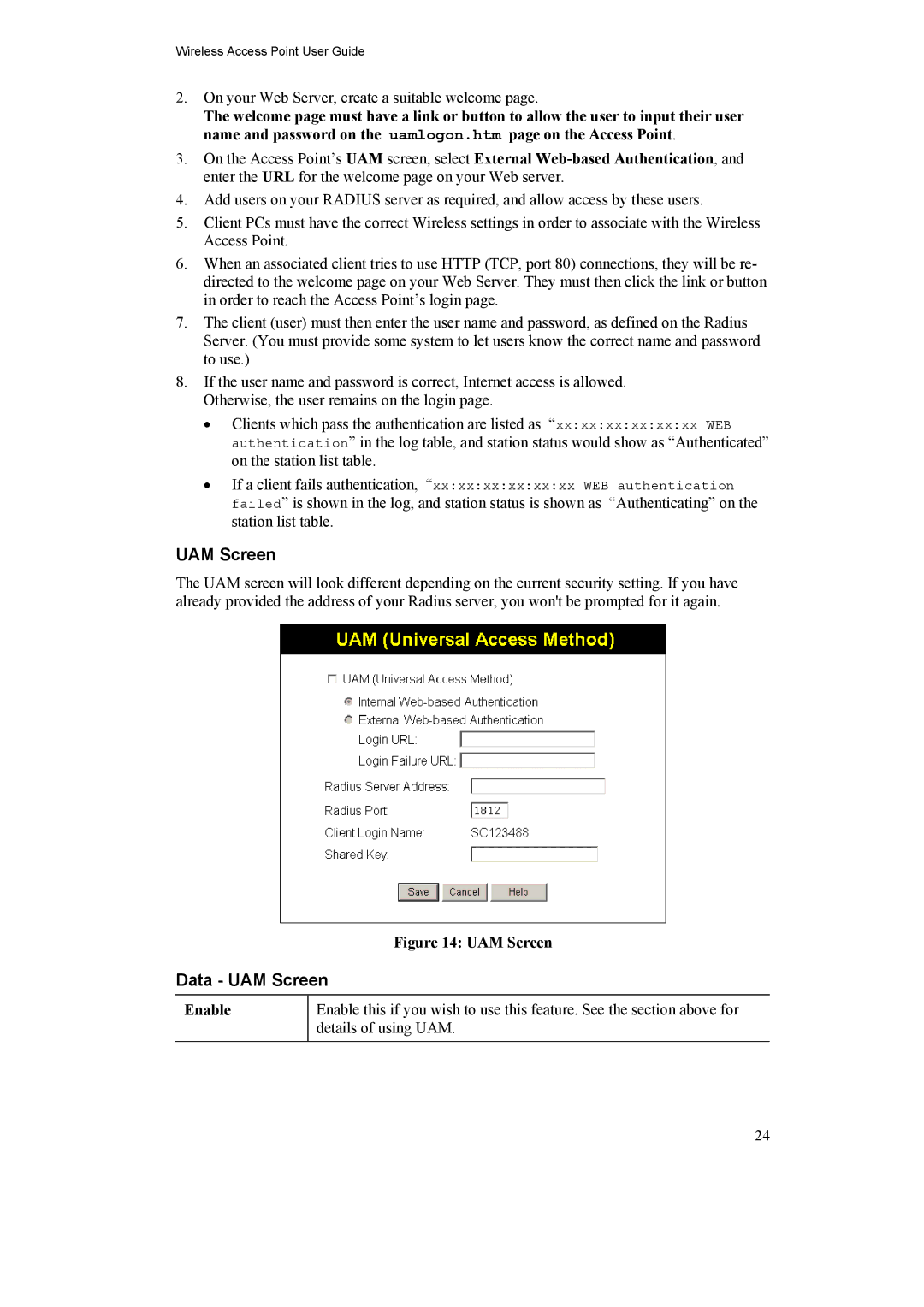 LevelOne WAP-0005, 11g PoE Wireless Access Point manual Data UAM Screen 