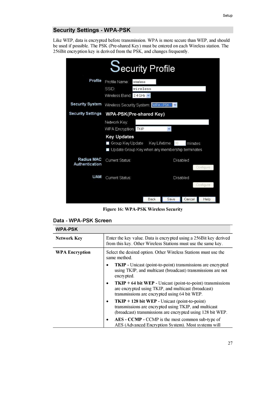 LevelOne 11g PoE Wireless Access Point manual Security Settings WPA-PSK, Data WPA-PSK Screen, Network Key, WPA Encryption 