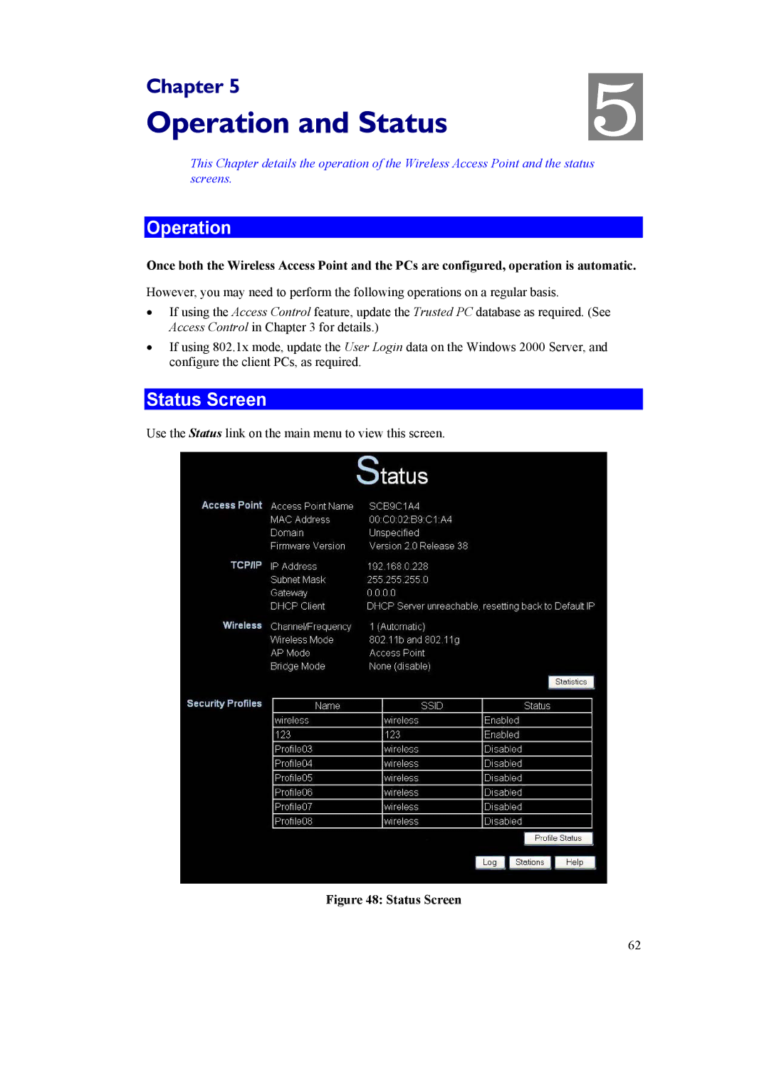 LevelOne WAP-0005, 11g PoE Wireless Access Point manual Operation and Status, Status Screen 