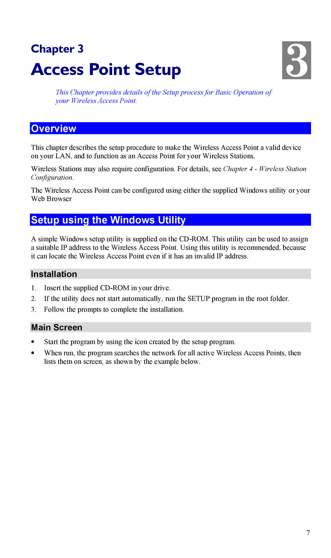 LevelOne WAP-0005 user manual Access Point Setup, Overview, Setup using the Windows Utility, Installation, Main Screen 