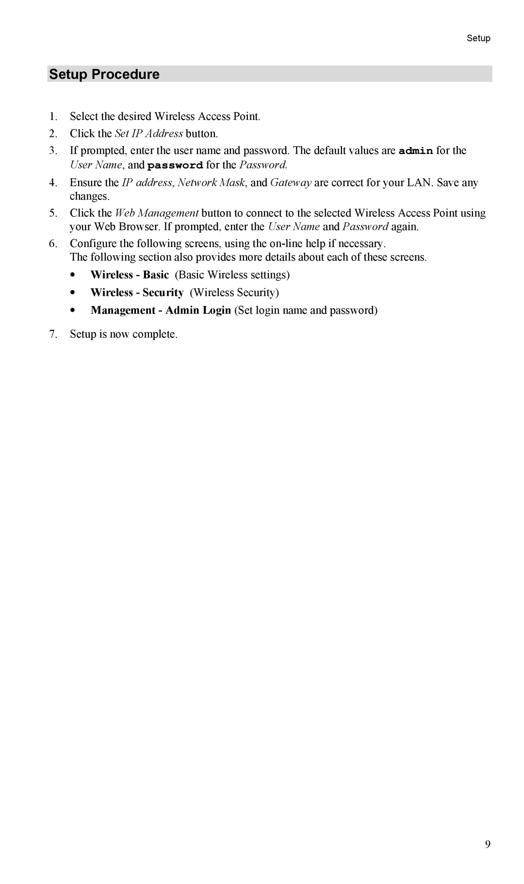 LevelOne WAP-0005 user manual Setup Procedure, Wireless Security Wireless Security 