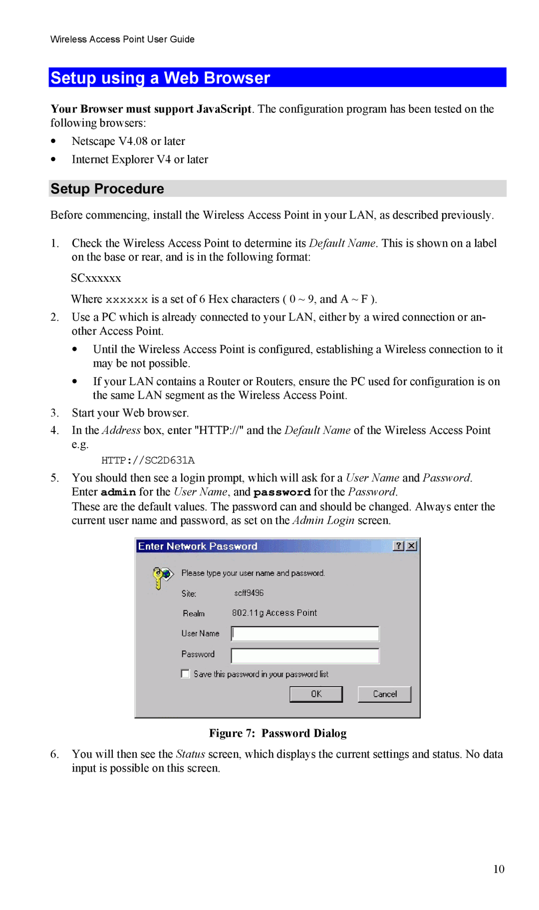 LevelOne WAP-0005 user manual Setup using a Web Browser, Password Dialog 