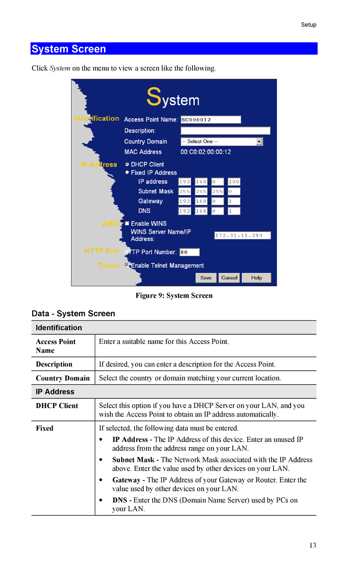 LevelOne WAP-0005 user manual Data System Screen, Identification, IP Address 