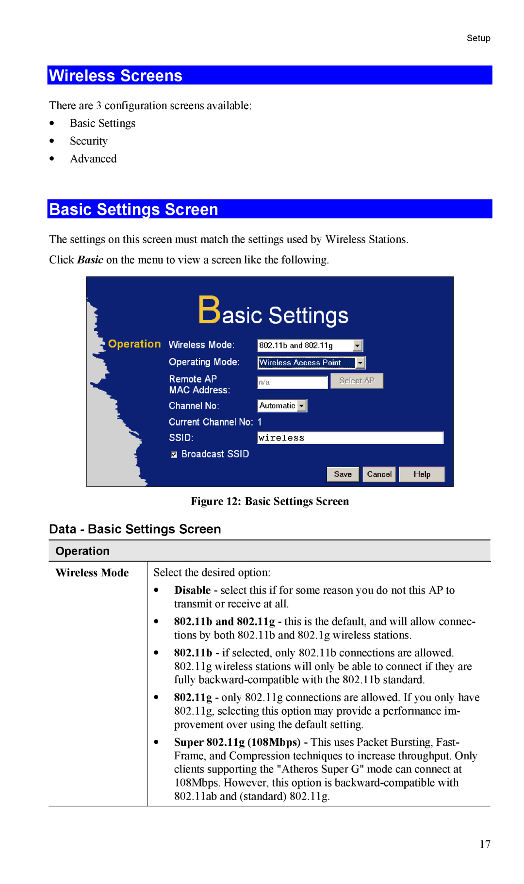 LevelOne WAP-0005 user manual Wireless Screens, Data Basic Settings Screen, Operation, Wireless Mode 