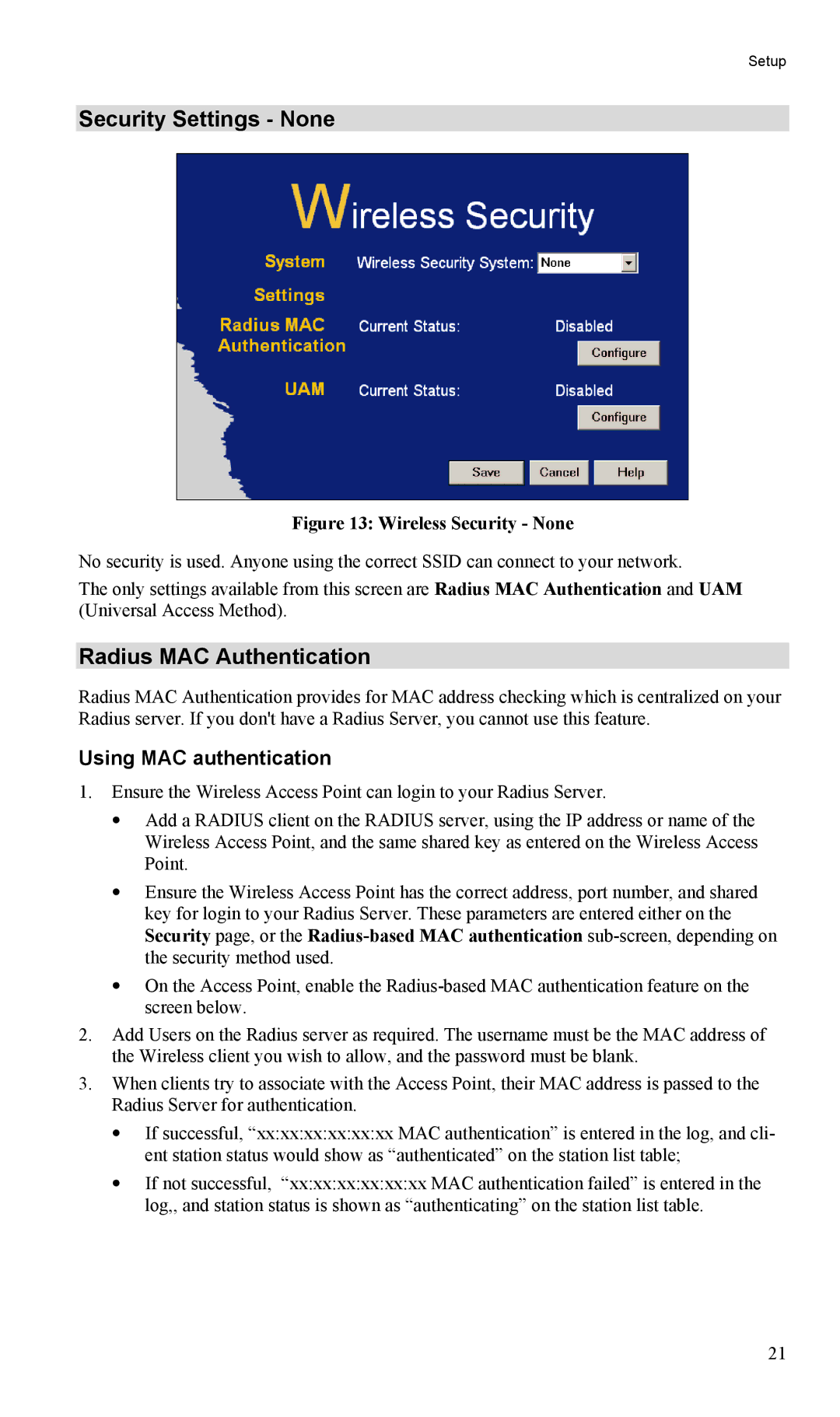 LevelOne WAP-0005 user manual Security Settings None, Radius MAC Authentication, Using MAC authentication 