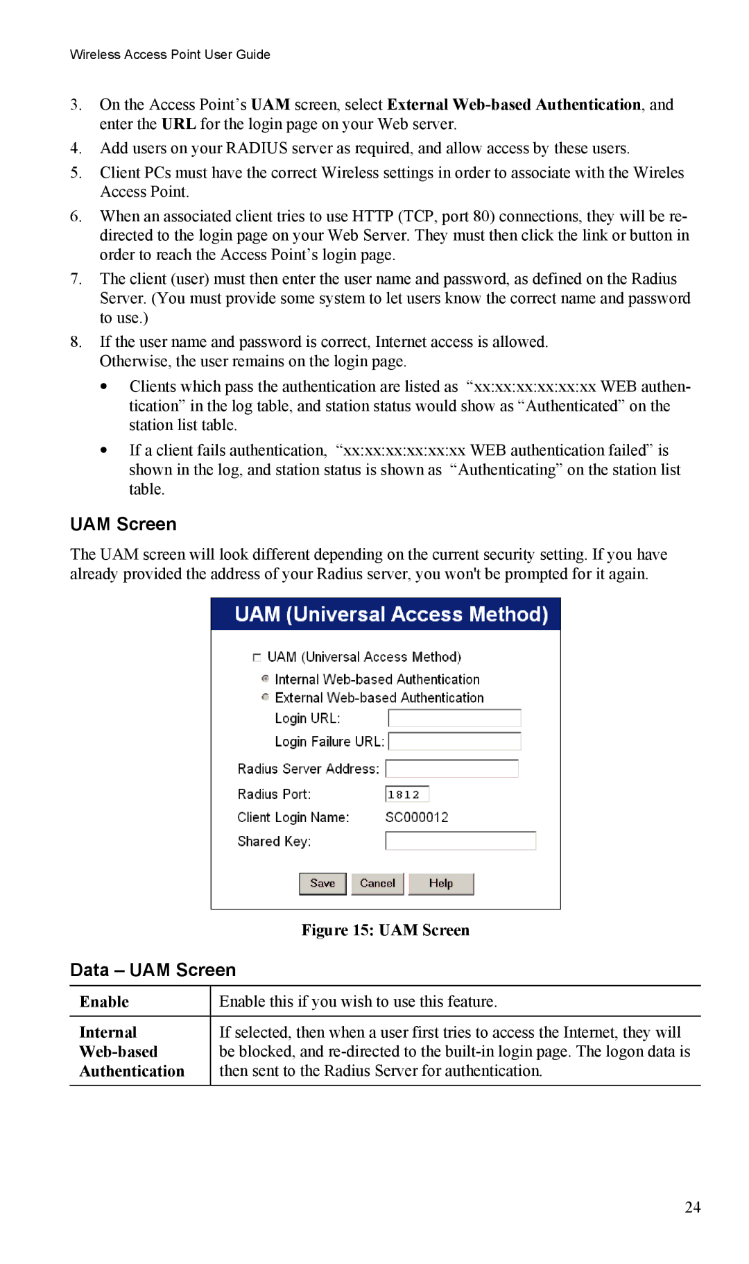 LevelOne WAP-0005 user manual Data UAM Screen, Internal, Web-based, Authentication 