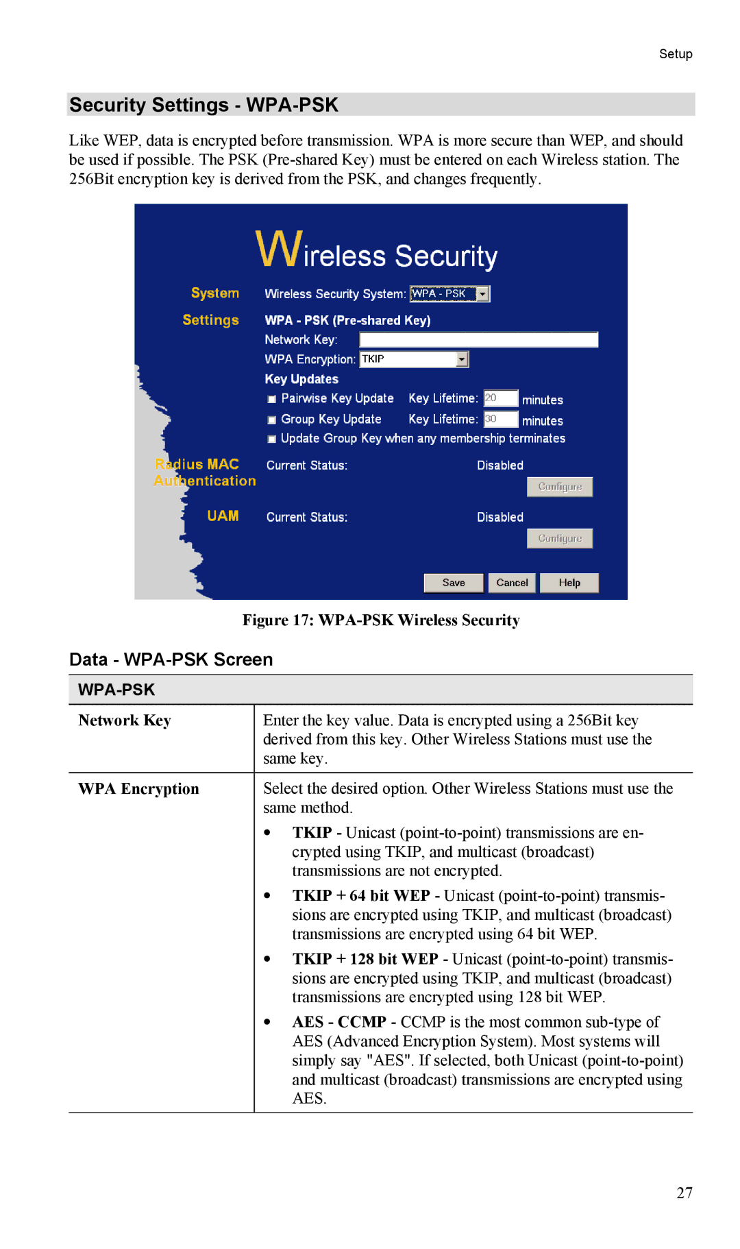 LevelOne WAP-0005 user manual Security Settings WPA-PSK, Data WPA-PSK Screen, Network Key, WPA Encryption 