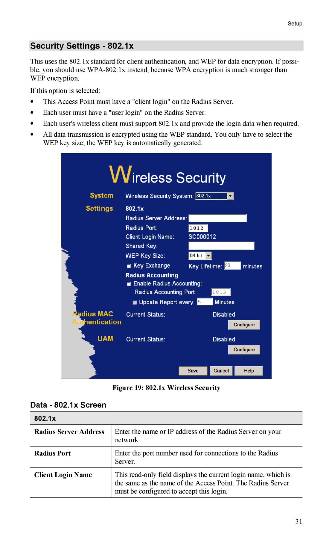 LevelOne WAP-0005 user manual Security Settings, Data 802.1x Screen, Radius Server Address 