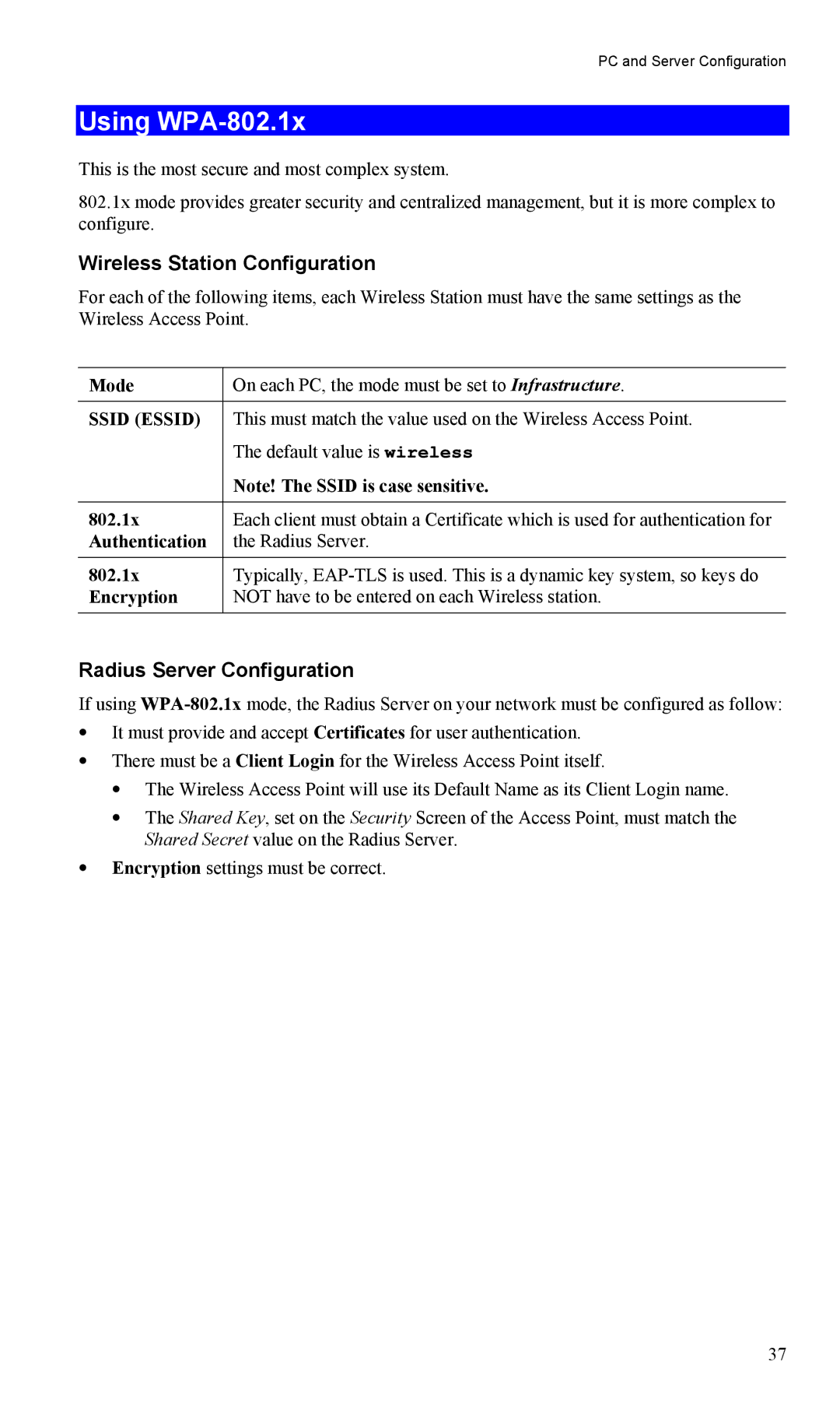 LevelOne WAP-0005 user manual Using WPA-802.1x, Wireless Station Configuration, Radius Server Configuration 