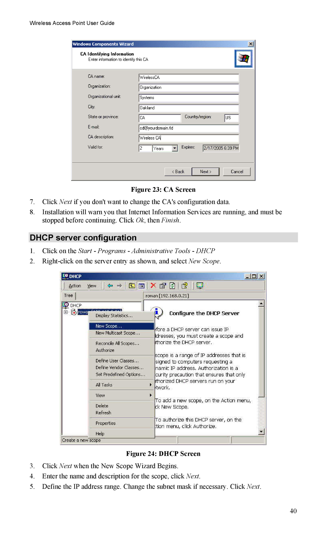 LevelOne WAP-0005 user manual Dhcp server configuration, CA Screen 