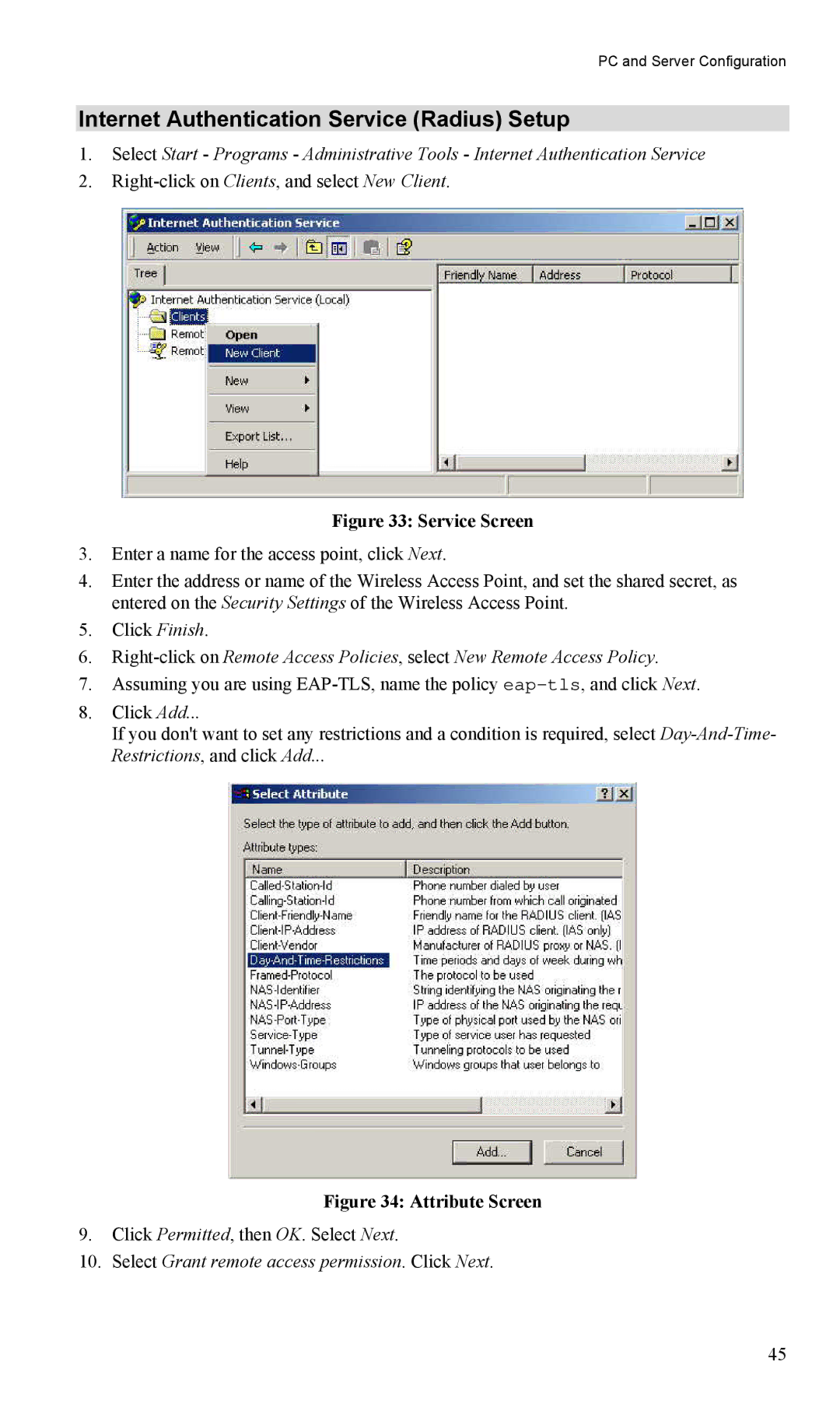 LevelOne WAP-0005 user manual Internet Authentication Service Radius Setup, Service Screen 