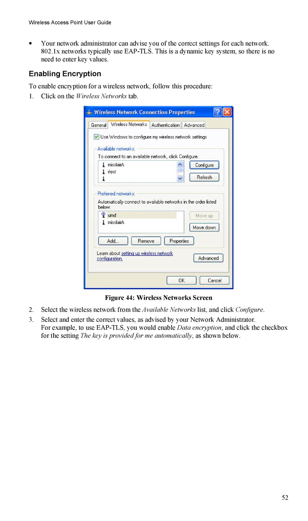 LevelOne WAP-0005 user manual Enabling Encryption, Wireless Networks Screen 